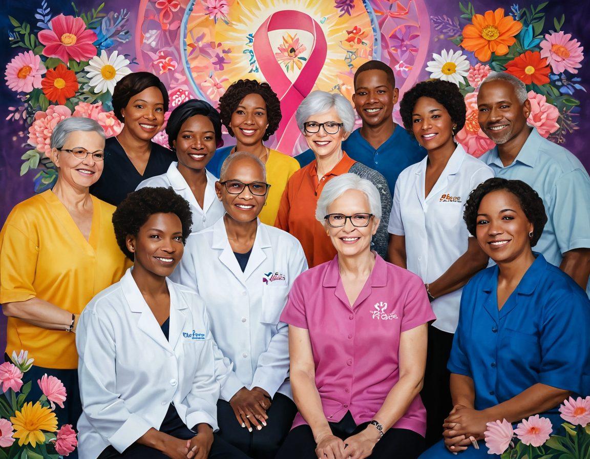 A compassionate scene depicting a diverse group of individuals supporting a cancer survivor, surrounded by symbols of hope like ribbons and blooming flowers. The setting conveys warmth and solidarity, with soft lighting that highlights their expressions of empowerment and resilience. Incorporate elements of advocacy, such as pamphlets and encouraging signs in the background. vibrant colors. painting.