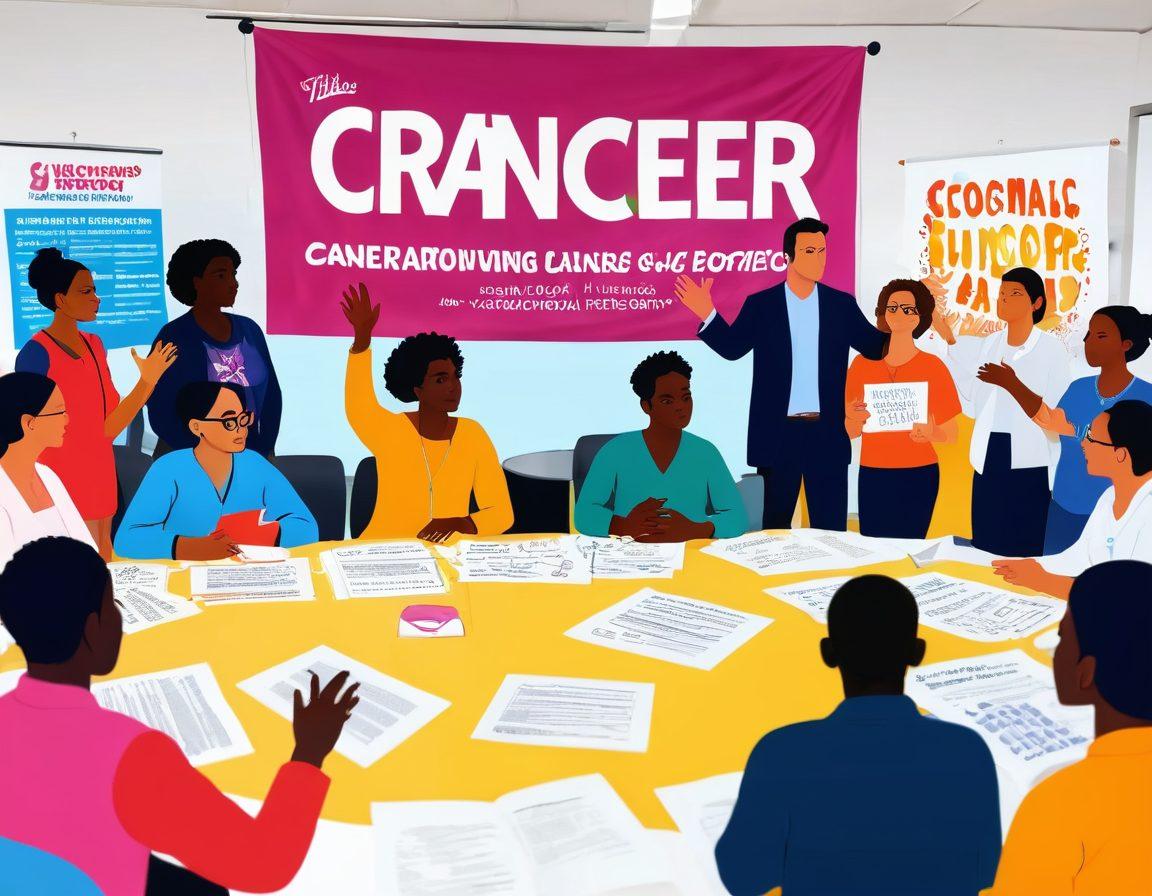 A powerful visual representation of a diverse group of people engaged in a community workshop on cancer awareness, surrounded by educational materials and resources. In the foreground, a passionate speaker gestures towards a large banner that reads 'Transforming Cancer Care'. The background features vibrant illustrations depicting hope, unity, and advocacy, with elements such as ribbons and books. A warm, inviting atmosphere that encourages action and support. bright colors. dynamic composition. vector art.