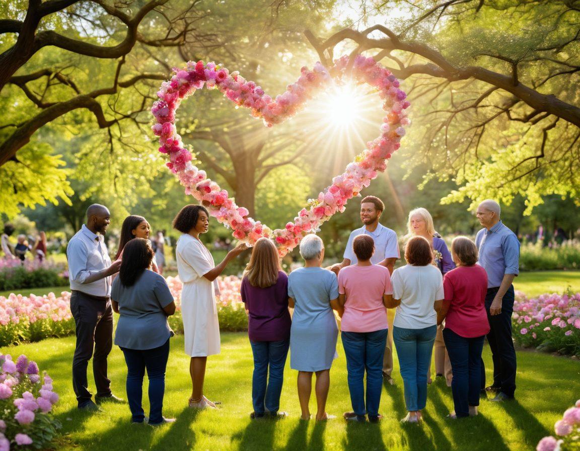 A diverse group of people forming a supportive circle, sharing stories and standing together in a park filled with blooming flowers. In the center, a cancer survivor holds a glowing heart symbolizing hope, surrounded by friends, family, and healthcare professionals offering encouragement. The atmosphere is warm and uplifting, with rays of sunlight filtering through the trees. soft-focus, vibrant colors, super-realistic.